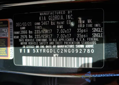 2022 Kia Sorento Lx z USA, uszkodzony, nr VIN 5XYRGDLC2NG092780